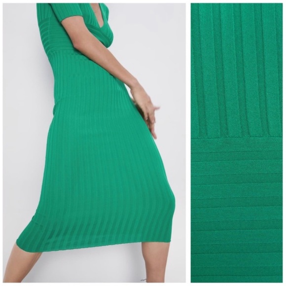 NWT. Zara Green Ribbed Knit Midi Dress. Size M - Picture 3 of 8